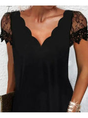 Ingvn - Women‘s Lace Dress A Line Short Mini Black Sleeve Pure Color Spring Summer V Neck Elegant