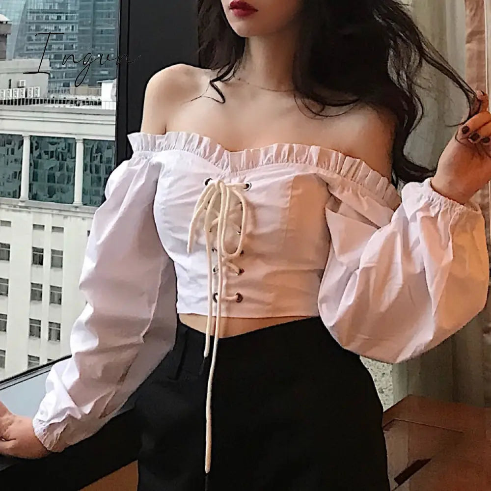 Ingvn - Womens Off Shoulder Top Long Sleeve Ruffle Vintage Blouse With Puff Sleeves Lace Up Ladies