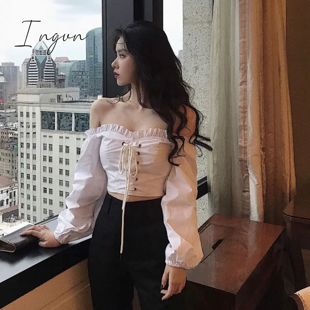Ingvn - Womens Off Shoulder Top Long Sleeve Ruffle Vintage Blouse With Puff Sleeves Lace Up Ladies