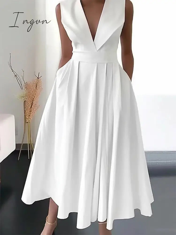 Ingvn - Women’s Party Dress Swing White Midi Sleeveless Pure Color Ruched Summer Spring V Neck