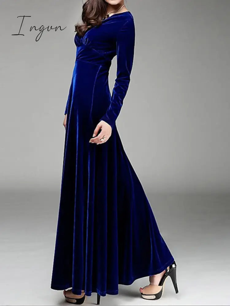 Ingvn - Women‘s Party Dress Wedding Guest Velvet Long Maxi Black Wine Royal Blue Sleeve Pure