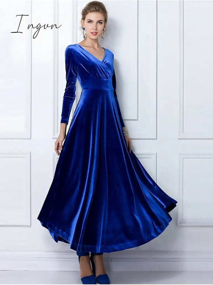 Ingvn - Women‘s Party Dress Wedding Guest Velvet Long Maxi Black Wine Royal Blue Sleeve Pure