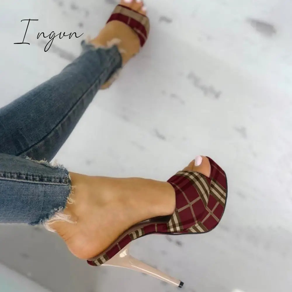 Ingvn - Women’s Peep Toe Plaid Slip-On Stilettos Thin Heels