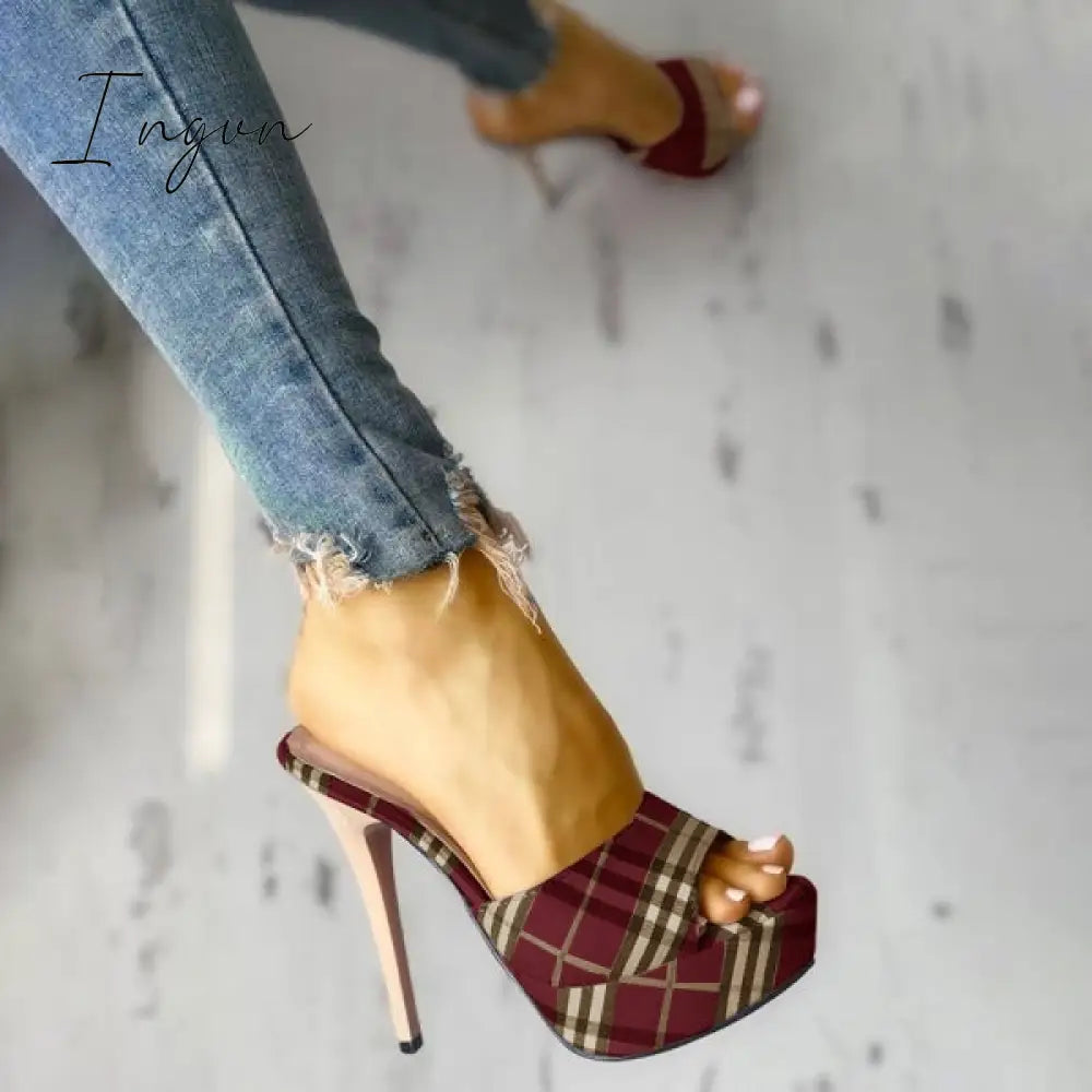 Ingvn - Women’s Peep Toe Plaid Slip-On Stilettos Thin Heels