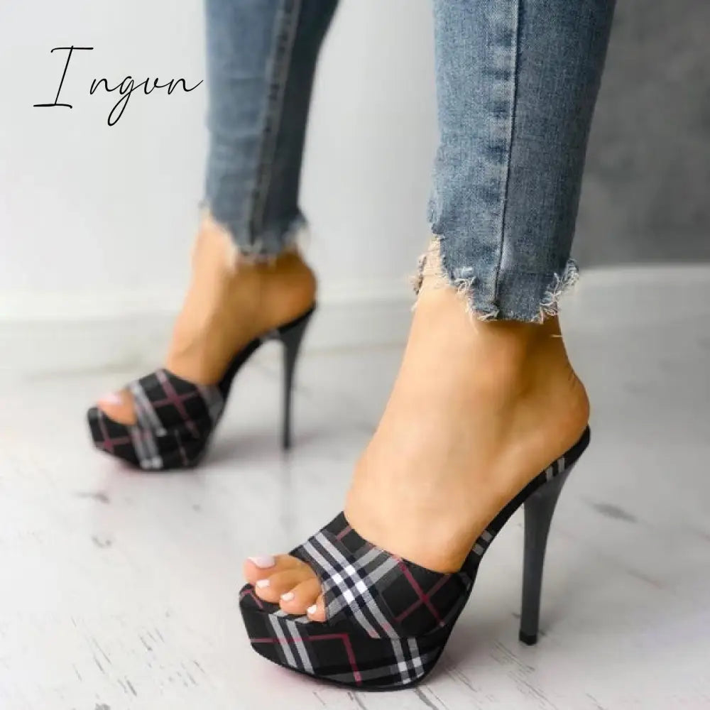 Ingvn - Women’s Peep Toe Plaid Slip-On Stilettos Thin Heels Black / 5