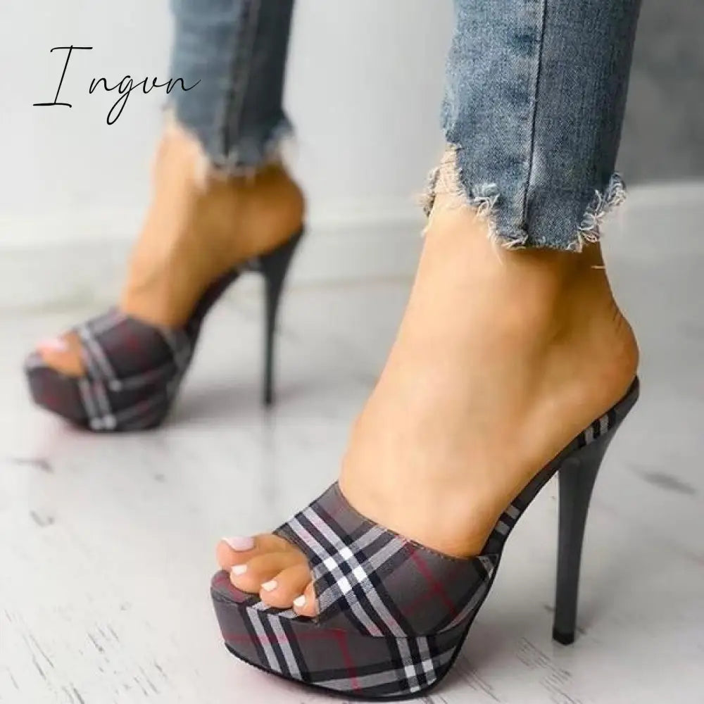 Ingvn - Women’s Peep Toe Plaid Slip-On Stilettos Thin Heels Gray / 5