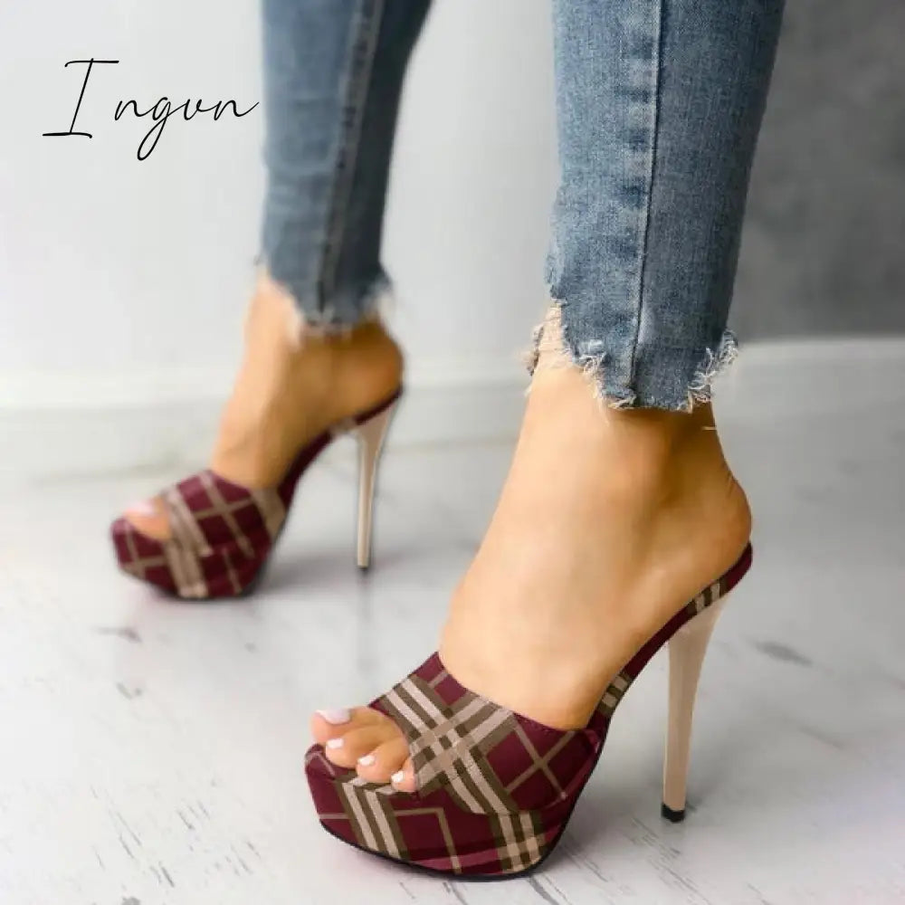 Ingvn - Women’s Peep Toe Plaid Slip-On Stilettos Thin Heels Wine Red / 5