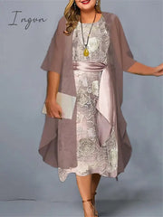 Ingvn - Women’s Plus Size Casual Dress Set Two Piece Floral Midi 3/4 Length Sleeve Crew Neck