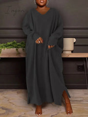 Ingvn - Women’s Plus Size Casual Dress Solid Color V Neck Long Sleeve Winter Fall Basic Maxi Long