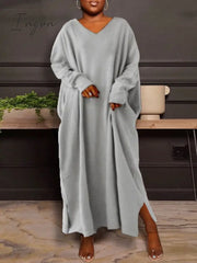 Ingvn - Women’s Plus Size Casual Dress Solid Color V Neck Long Sleeve Winter Fall Basic Maxi Long