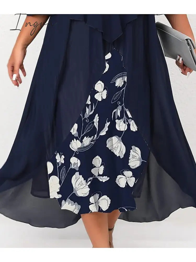 Ingvn - Women’s Plus Size Curve Work Dress Floral V Neck Ruched 3/4 Length Sleeve Spring Summer
