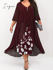 Ingvn - Women’s Plus Size Curve Work Dress Floral V Neck Ruched 3/4 Length Sleeve Spring Summer