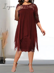 Ingvn - Women’s Plus Size Party Dress Solid Color Crew Neck Lace 3/4 Length Sleeve Spring Summer