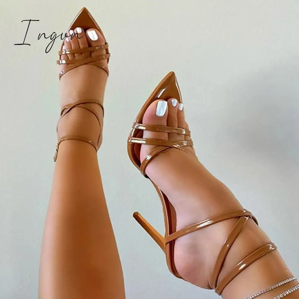 Ingvn - Womens Pointed Toe Solid Stiletto Heels Ankle Strap Sandals