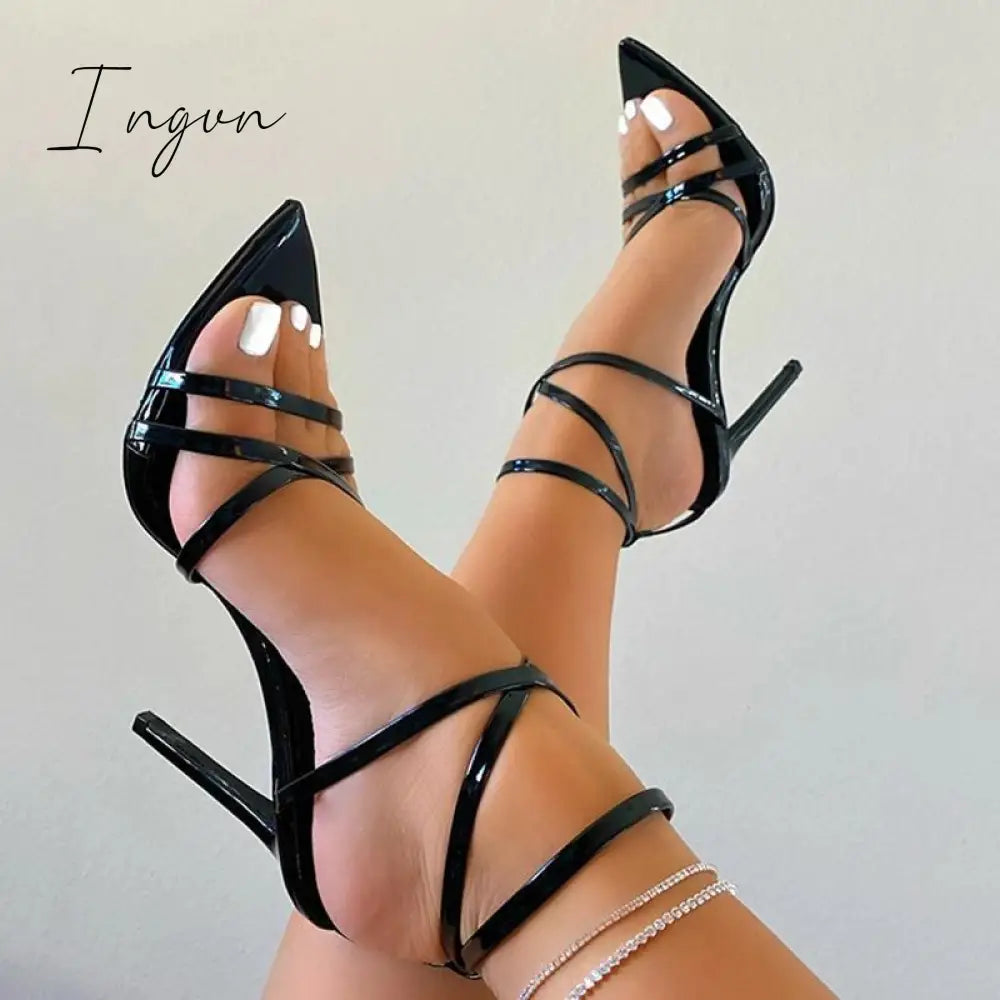 Ingvn - Womens Pointed Toe Solid Stiletto Heels Ankle Strap Sandals
