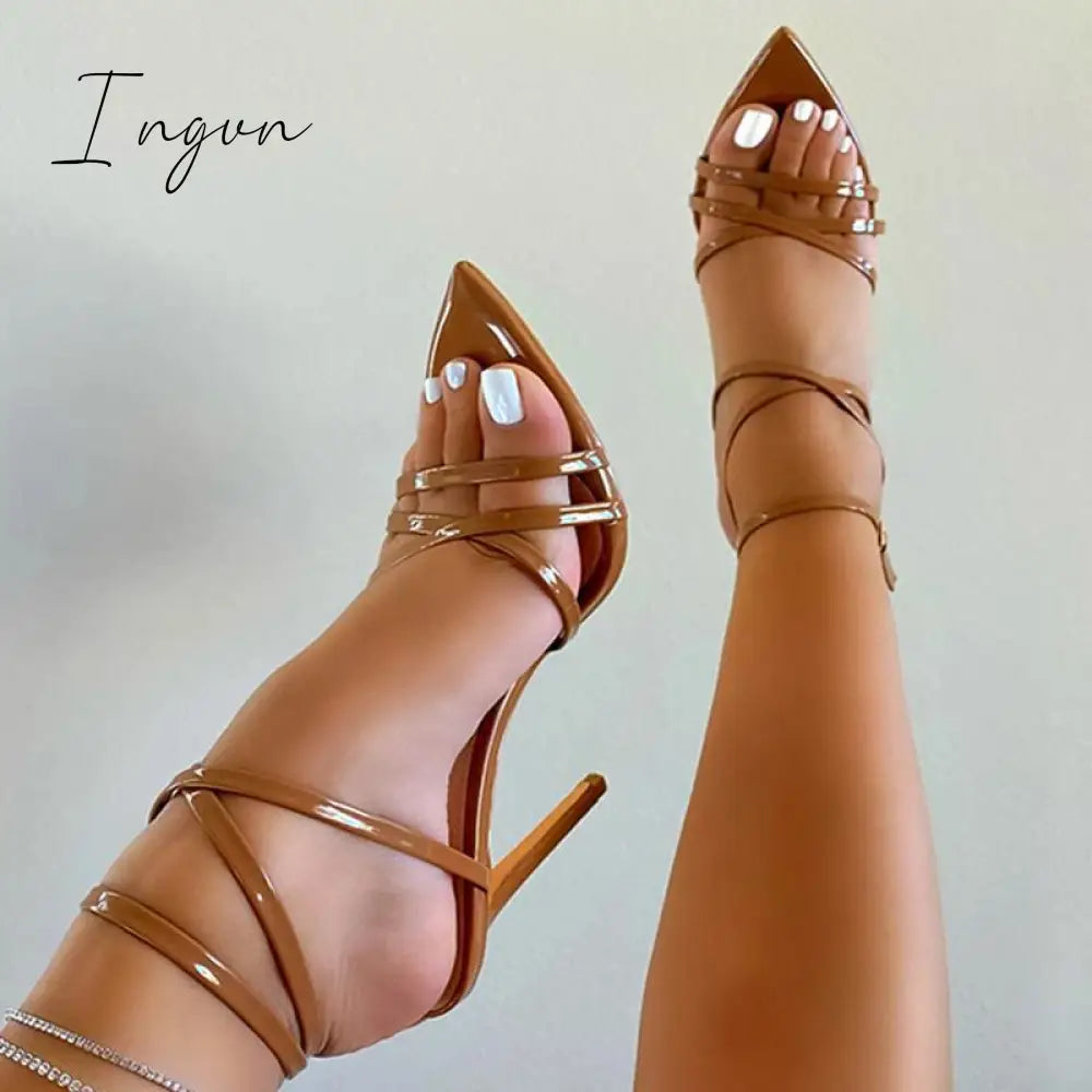 Ingvn - Womens Pointed Toe Solid Stiletto Heels Ankle Strap Sandals Brown / 5