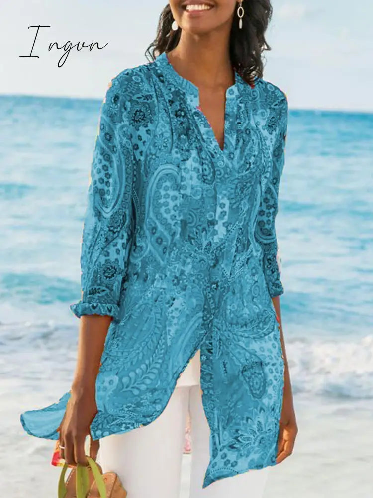 Ingvn - Women’s Printed Casual Loose Plus Size Chiffon Shirts Blue / S Tops