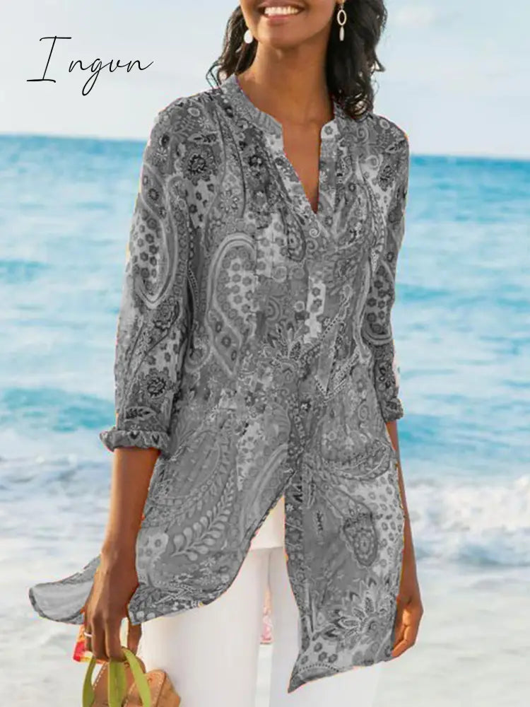 Ingvn - Women’s Printed Casual Loose Plus Size Chiffon Shirts Gray / S Tops