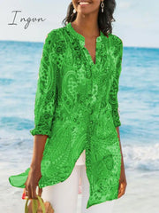 Ingvn - Women’s Printed Casual Loose Plus Size Chiffon Shirts Green / S Tops