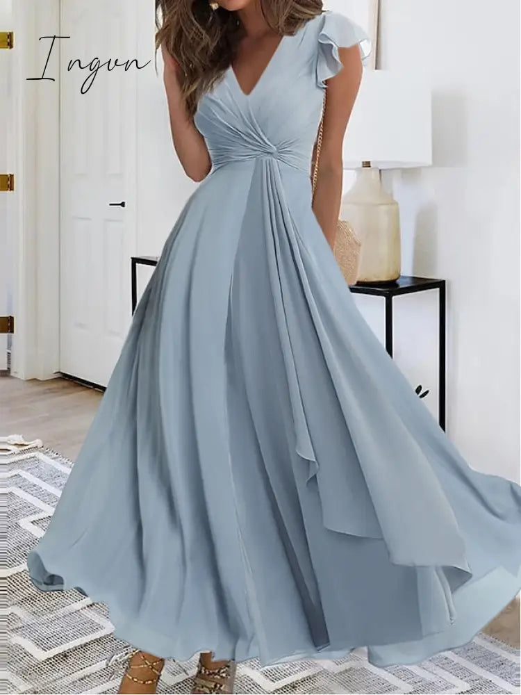 Ingvn - Women’s Prom Dress Party Wedding Guest Long Maxi Blue Sleeveless Pure Color Layered