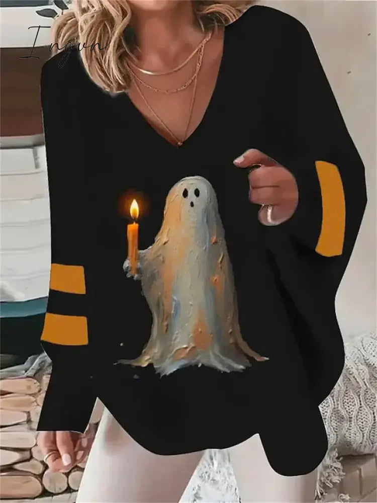 Ingvn - Women’s Pullover Halloween Sweatshirt Basic Black Graphic Casual V Neck Long Sleeve Top
