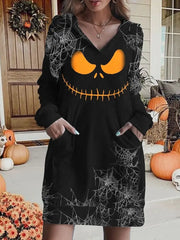 Ingvn - Women’s Pullover Hoodie Dress Active Streetwear Print Black Pumpkin Halloween Hooded Long