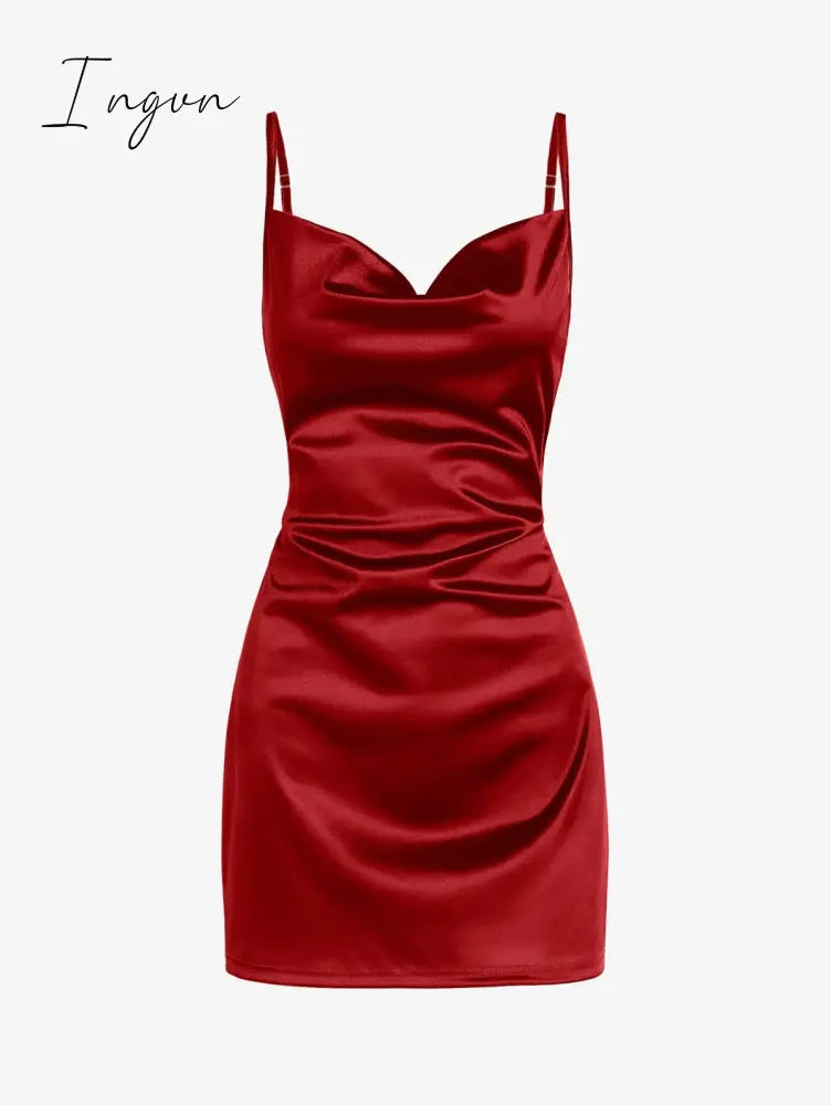 Ingvn - Women’s Sexy Satin Dress Spaghetti Strap Slips Nightwear Side Slit Cocktail Party Silk