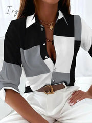 Ingvn - Women’s Shirt Blouse Black Gray Color Block Button Print Long Sleeve Casual Basic Collar