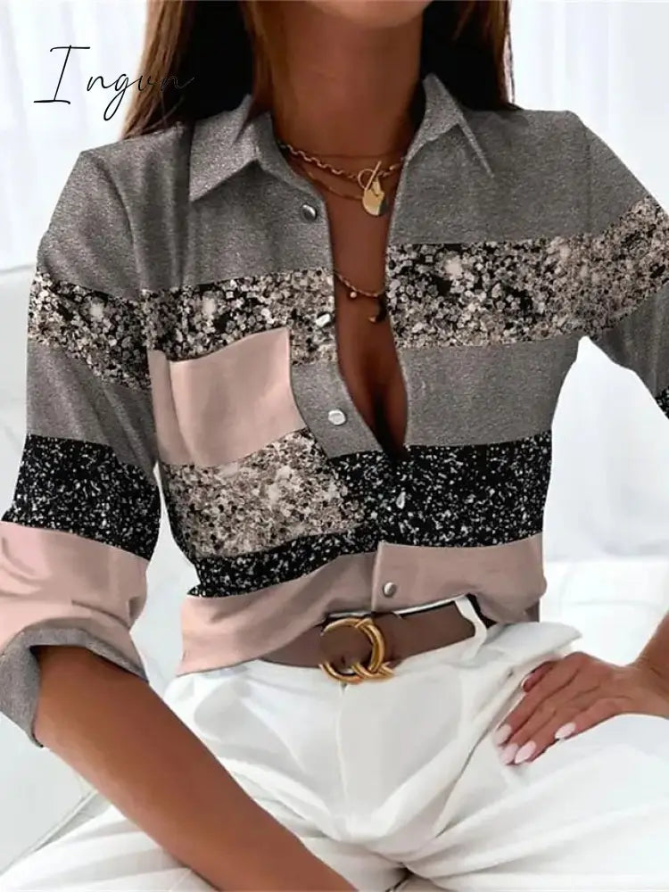 Ingvn - Women’s Shirt Blouse Black Gray Color Block Button Print Long Sleeve Casual Basic Collar