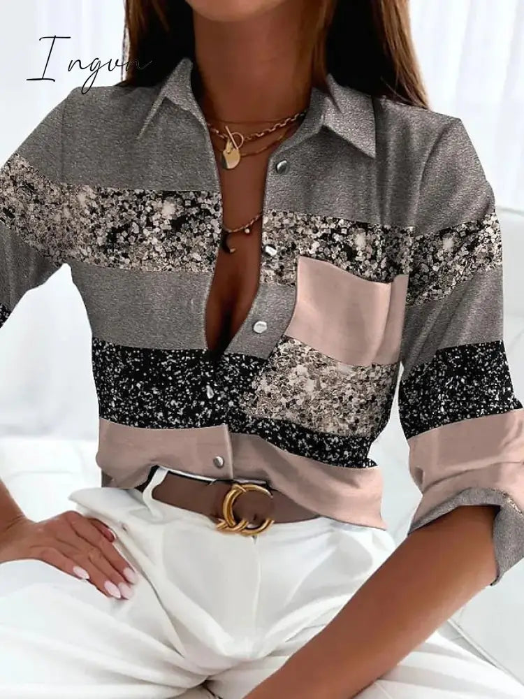 Ingvn - Women’s Shirt Blouse Black Gray Color Block Button Print Long Sleeve Casual Basic Collar / S