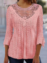 Ingvn - Women’s Shirt Blouse Black White Pink Plain Lace 3/4 Length Sleeve Casual Basic Round