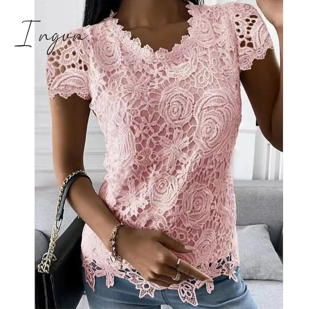 Ingvn - Women’s Shirt Blouse Black White Pink Plain Lace Short Sleeve Casual Basic Round Neck / S