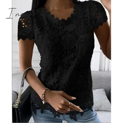 Ingvn - Women’s Shirt Blouse Black White Pink Plain Lace Short Sleeve Casual Basic Round Neck / S