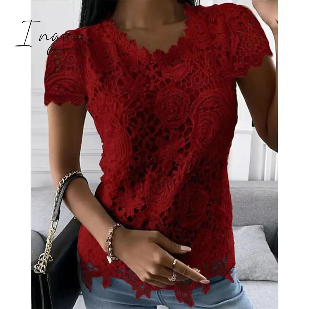 Ingvn - Women’s Shirt Blouse Black White Pink Plain Lace Short Sleeve Casual Basic Round Neck
