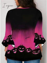 Ingvn - Women’s Shirt Blouse Halloween Yellow Blue Purple Pumpkin Print 3/4 Length Sleeve Daily