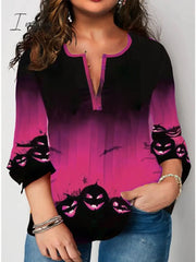 Ingvn - Women’s Shirt Blouse Halloween Yellow Blue Purple Pumpkin Print 3/4 Length Sleeve Daily