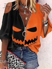 Ingvn - Women’s Shirt Blouse Orange Pumpkin Ghost Cut Out Quarter Zip 3/4 Length Sleeve Halloween