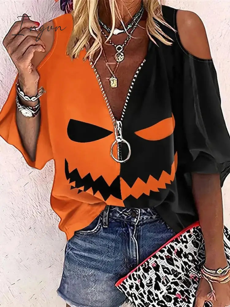 Ingvn - Women’s Shirt Blouse Orange Pumpkin Ghost Cut Out Quarter Zip 3/4 Length Sleeve Halloween