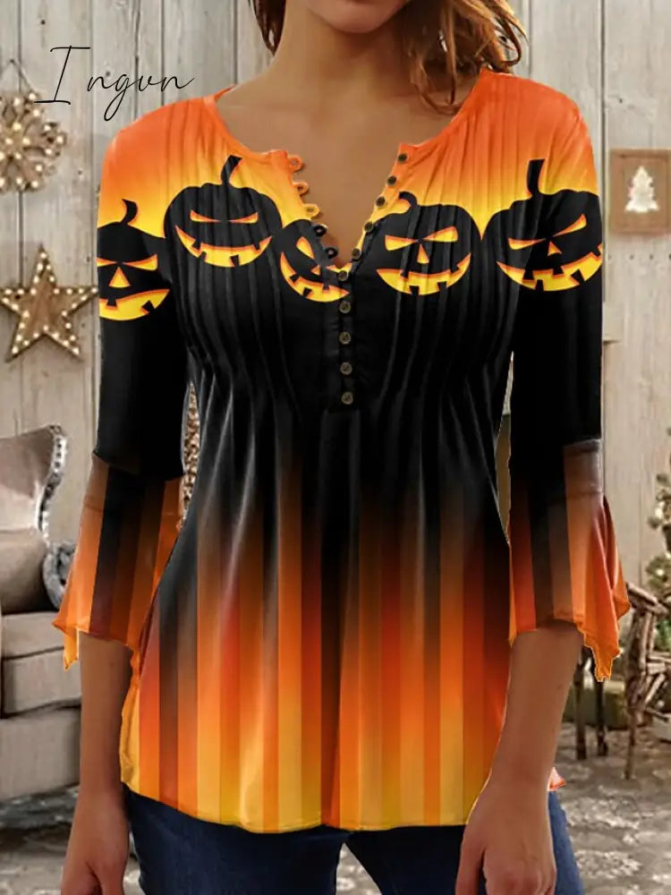 Ingvn - Women’s Shirt Blouse T Shirt Tee Orange Pumpkin Button Print Long Sleeve Halloween Casual