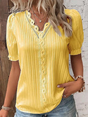 Ingvn - Women’s Shirt Blouse Yellow-Green Violets White Plain Lace Short Sleeve Casual Basic V
