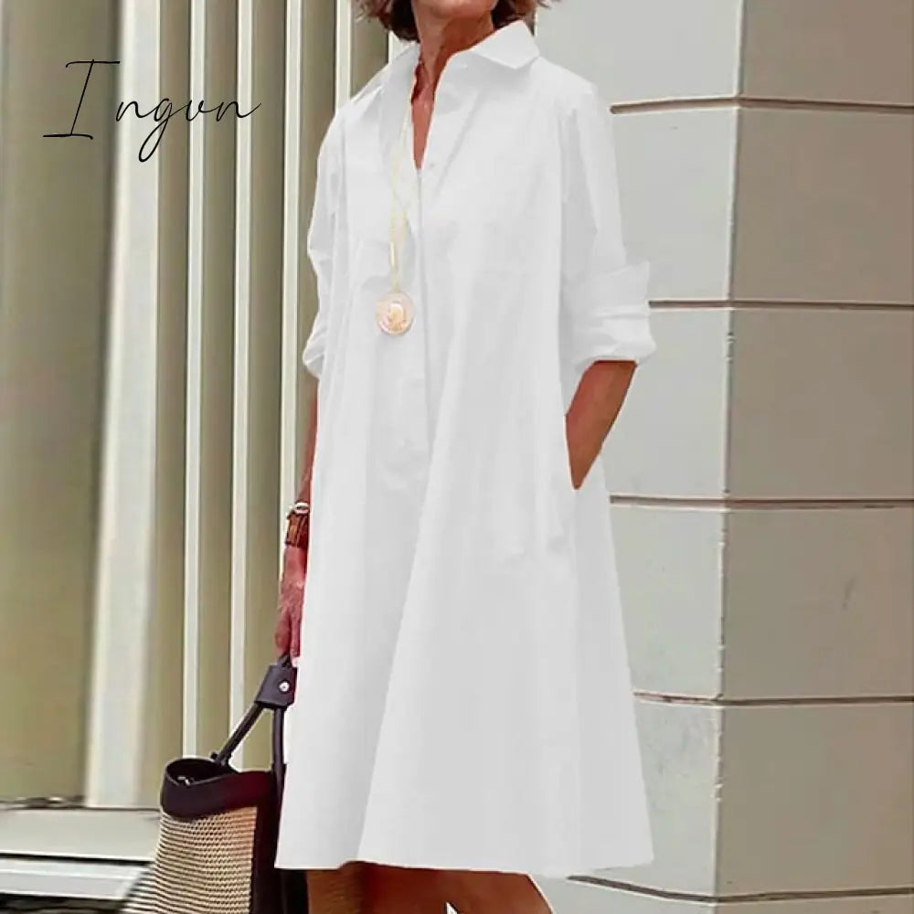 Ingvn - Women’s Shirt Dress Casual Shift Midi Outdoor Winter Daily Polyester Elegant Collar