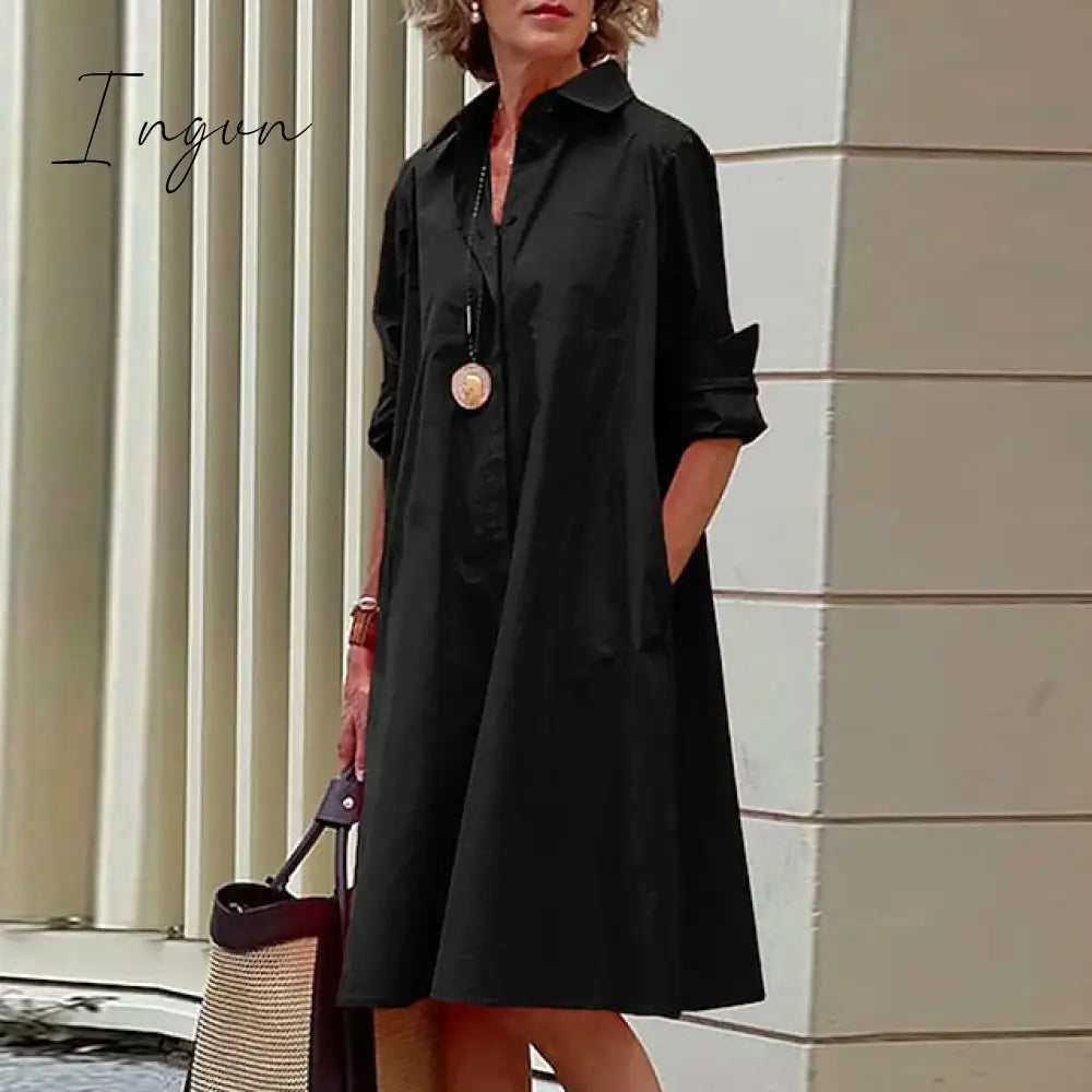 Ingvn - Women’s Shirt Dress Casual Shift Midi Outdoor Winter Daily Polyester Elegant Collar