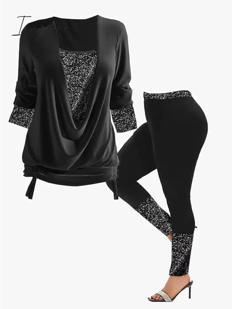 Ingvn - Women’s Shirt Pants Sets Black Burgundy Khaki Solid Color Sequins Long Sleeve Casual