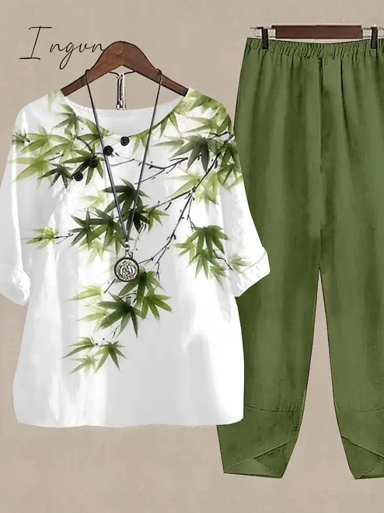Ingvn - Women’s Shirt Pants Sets Trousers Basic Army Green Blue Holiday Weekend Floral Print