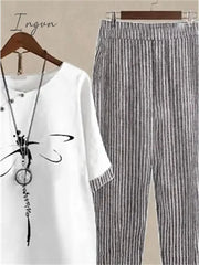Ingvn - Women’s Shirt Pants Sets Trousers Basic White Pink Holiday Weekend Graphic Striped Print