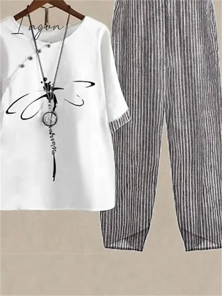 Ingvn - Women’s Shirt Pants Sets Trousers Basic White Pink Holiday Weekend Graphic Striped Print