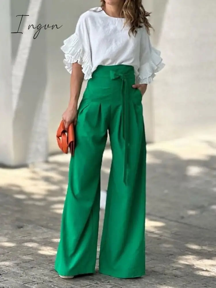 Ingvn - Women’s Shirt Pants Sets White Solid Color Ruffle Half Sleeve Casual Daily Fashion Round