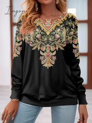 Ingvn - Women’s Sweatshirt Pullover Basic Black Floral Casual Round Neck Long Sleeve Top