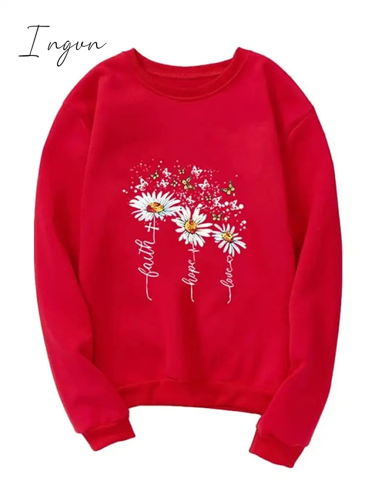 Ingvn - Women’s Sweatshirt Pullover Basic Black Yellow Pink Floral Butterfly Street Round Neck