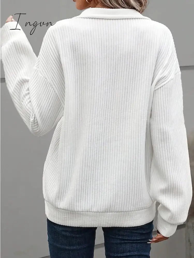 Ingvn - Women’s Sweatshirt Pullover Basic Button Drawstring White Solid Color Casual V Neck Long